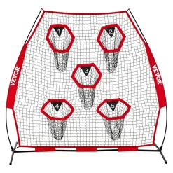 VEVOR 7 x 7 ft Football Trainer Throwing Net, Training Throwing Target Practice Net with 5 Target Pockets, Knotless Net Includes Straps and Portable Carry Case, Improve QB Throwing Accuracy, Red