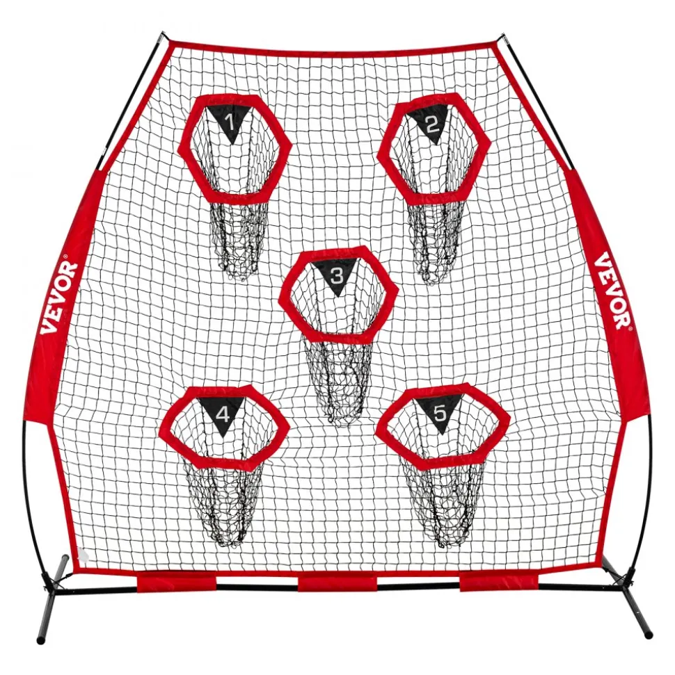 VEVOR 7 x 7 ft Football Trainer Throwing Net, Training Throwing Target Practice Net with 5 Target Pockets, Knotless Net Includes Straps and Portable Carry Case, Improve QB Throwing Accuracy, Red