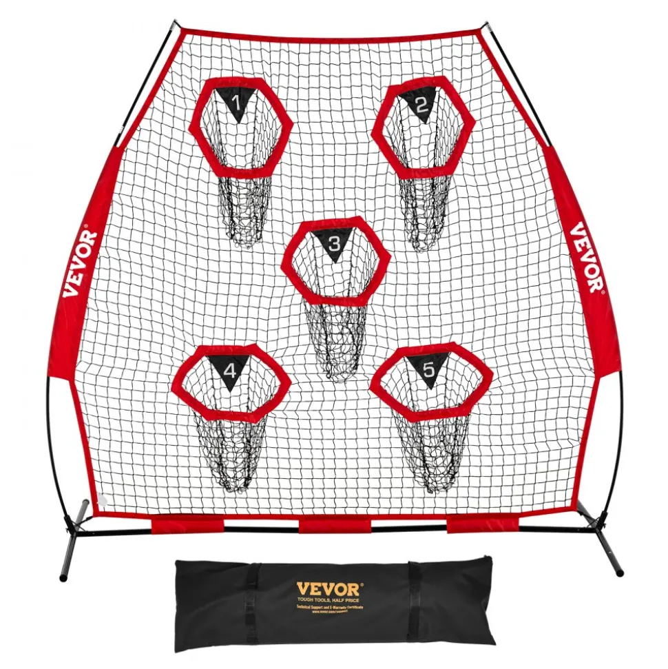 VEVOR 7 x 7 ft Football Trainer Throwing Net, Training Throwing Target Practice Net with 5 Target Pockets, Knotless Net Includes Straps and Portable Carry Case, Improve QB Throwing Accuracy, Red