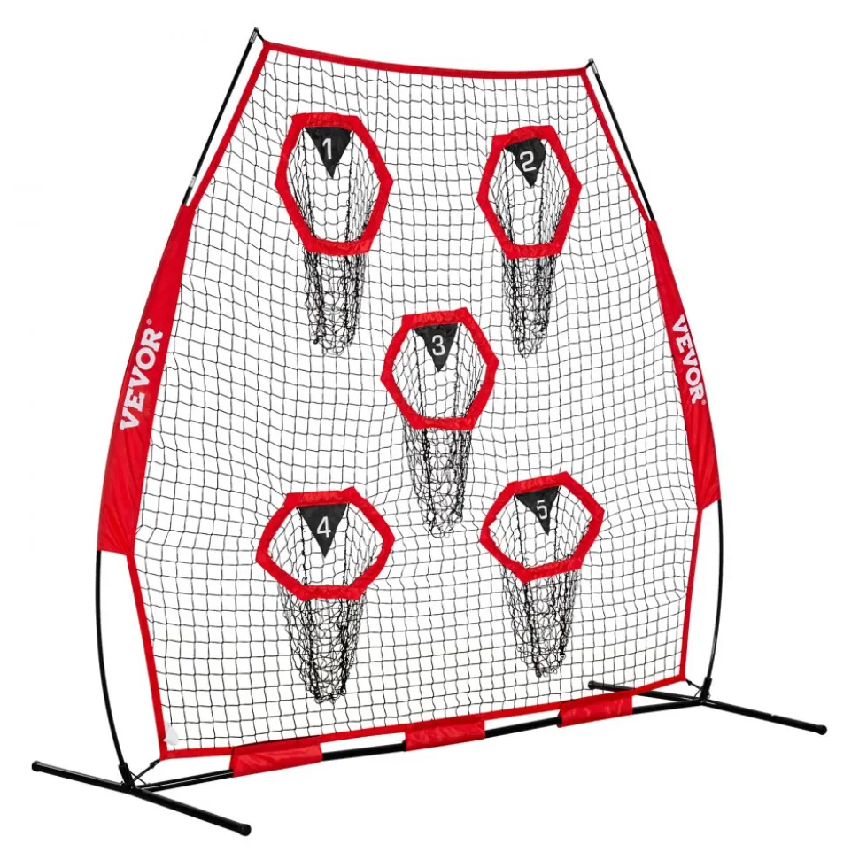 VEVOR 7 x 7 ft Football Trainer Throwing Net, Training Throwing Target Practice Net with 5 Target Pockets, Knotless Net Includes Straps and Portable Carry Case, Improve QB Throwing Accuracy, Red