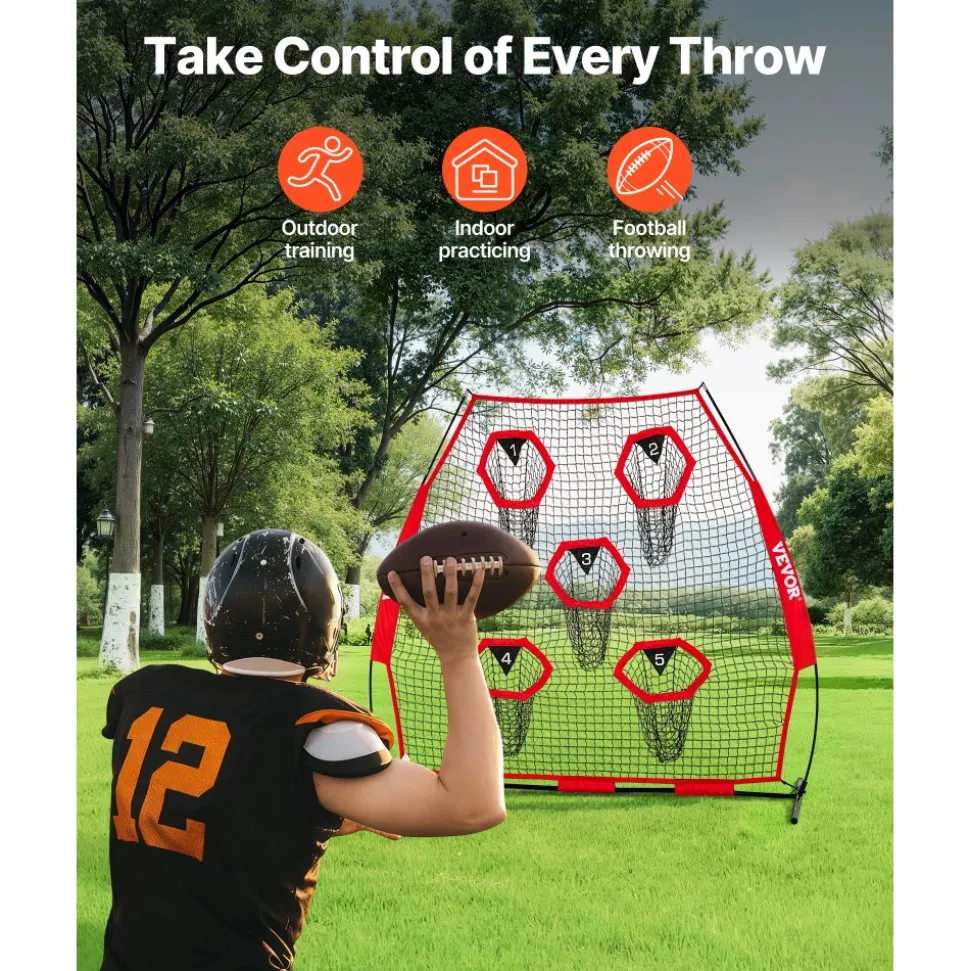 VEVOR 7 x 7 ft Football Trainer Throwing Net, Training Throwing Target Practice Net with 5 Target Pockets, Knotless Net Includes Straps and Portable Carry Case, Improve QB Throwing Accuracy, Red