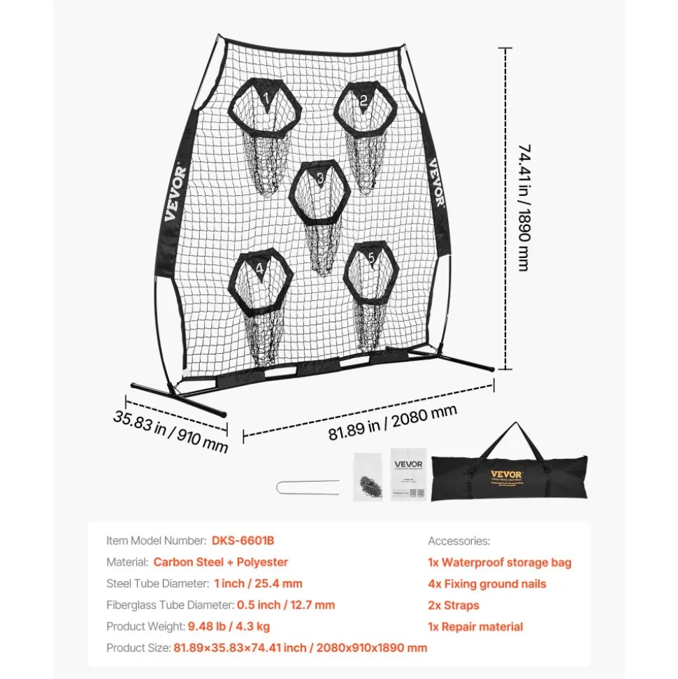 VEVOR 6 x 6 ft Football Trainer Throwing Net, Training Throwing Target Practice Net with 5 Target Pockets, Knotless Net Includes Straps and Portable Carry Case, Improve QB Throwing Accuracy, Black