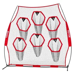 VEVOR 8 x 8 ft Football Trainer Throwing Net, Training Throwing Target Practice Net with 6 Target Pockets, Knotless Net Includes Straps and Portable Carry Case, Improve QB Throwing Accuracy, Red