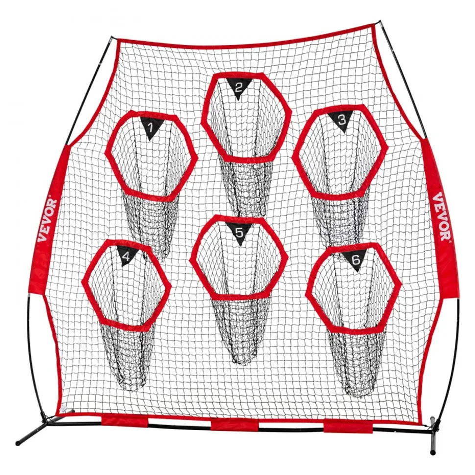 VEVOR 8 x 8 ft Football Trainer Throwing Net, Training Throwing Target Practice Net with 6 Target Pockets, Knotless Net Includes Straps and Portable Carry Case, Improve QB Throwing Accuracy, Red