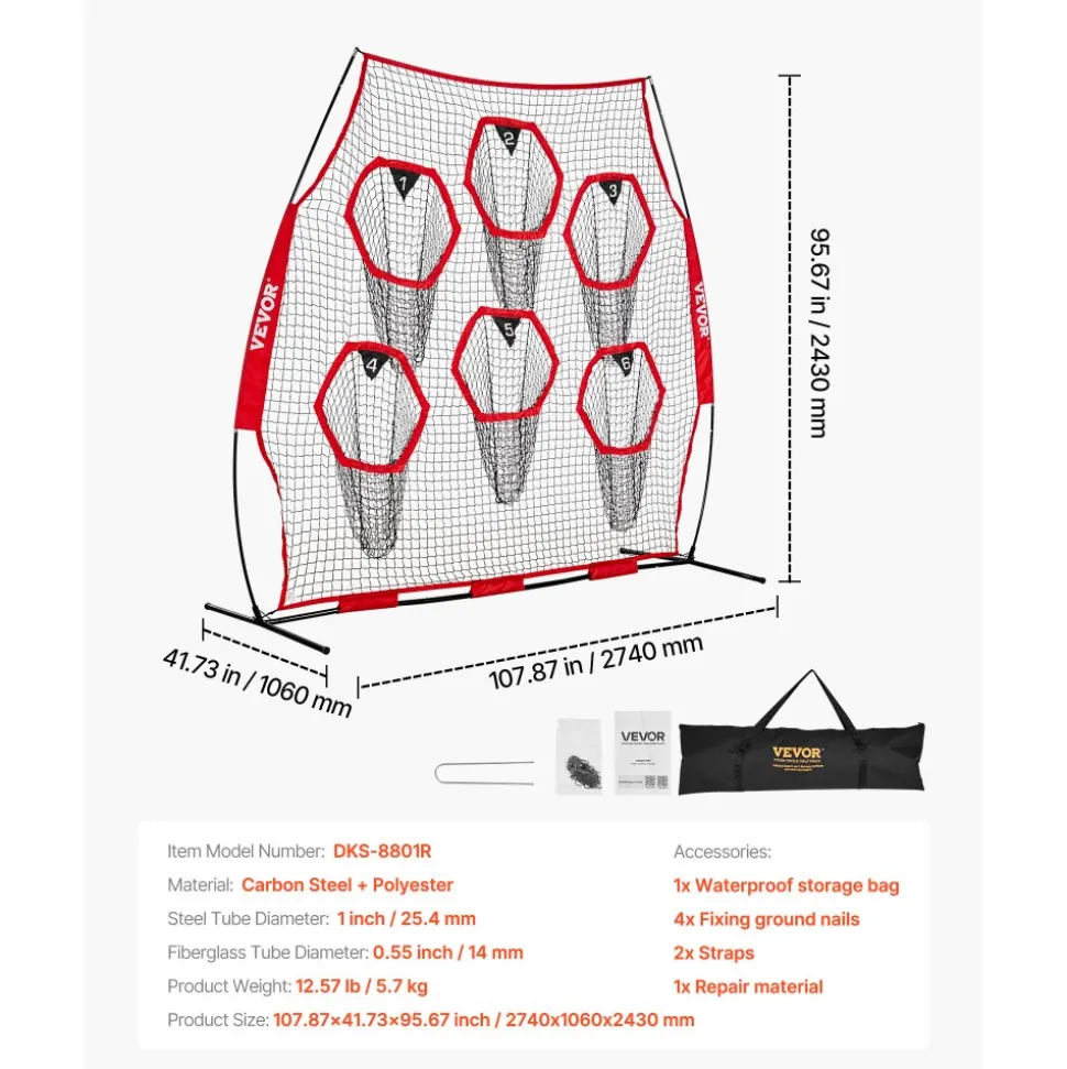 VEVOR 8 x 8 ft Football Trainer Throwing Net, Training Throwing Target Practice Net with 6 Target Pockets, Knotless Net Includes Straps and Portable Carry Case, Improve QB Throwing Accuracy, Red