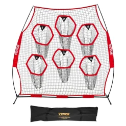 VEVOR 8 x 8 ft Football Trainer Throwing Net, Training Throwing Target Practice Net with 6 Target Pockets, Knotless Net Includes Straps and Portable Carry Case, Improve QB Throwing Accuracy, Red