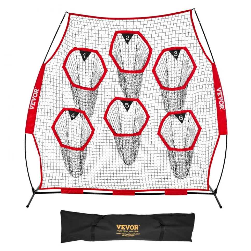 VEVOR 8 x 8 ft Football Trainer Throwing Net, Training Throwing Target Practice Net with 6 Target Pockets, Knotless Net Includes Straps and Portable Carry Case, Improve QB Throwing Accuracy, Red