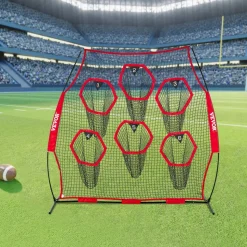 VEVOR 8 x 8 ft Football Trainer Throwing Net, Training Throwing Target Practice Net with 6 Target Pockets, Knotless Net Includes Straps and Portable Carry Case, Improve QB Throwing Accuracy, Red