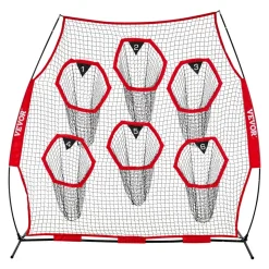 VEVOR 8 x 8 ft Football Trainer Throwing Net, Training Throwing Target Practice Net with 6 Target Pockets, Knotless Net Includes Straps and Portable Carry Case, Improve QB Throwing Accuracy, Red