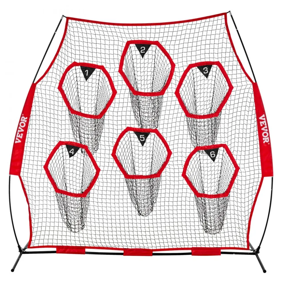 VEVOR 8 x 8 ft Football Trainer Throwing Net, Training Throwing Target Practice Net with 6 Target Pockets, Knotless Net Includes Straps and Portable Carry Case, Improve QB Throwing Accuracy, Red