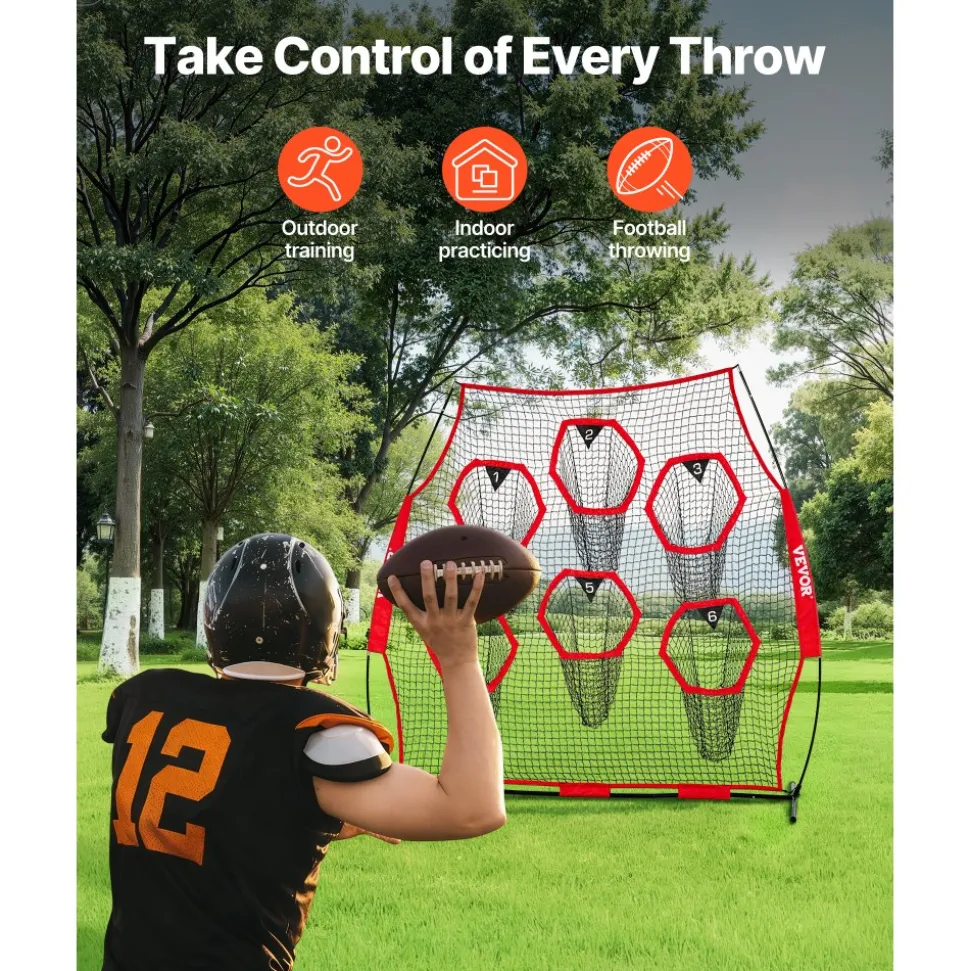 VEVOR 8 x 8 ft Football Trainer Throwing Net, Training Throwing Target Practice Net with 6 Target Pockets, Knotless Net Includes Straps and Portable Carry Case, Improve QB Throwing Accuracy, Red