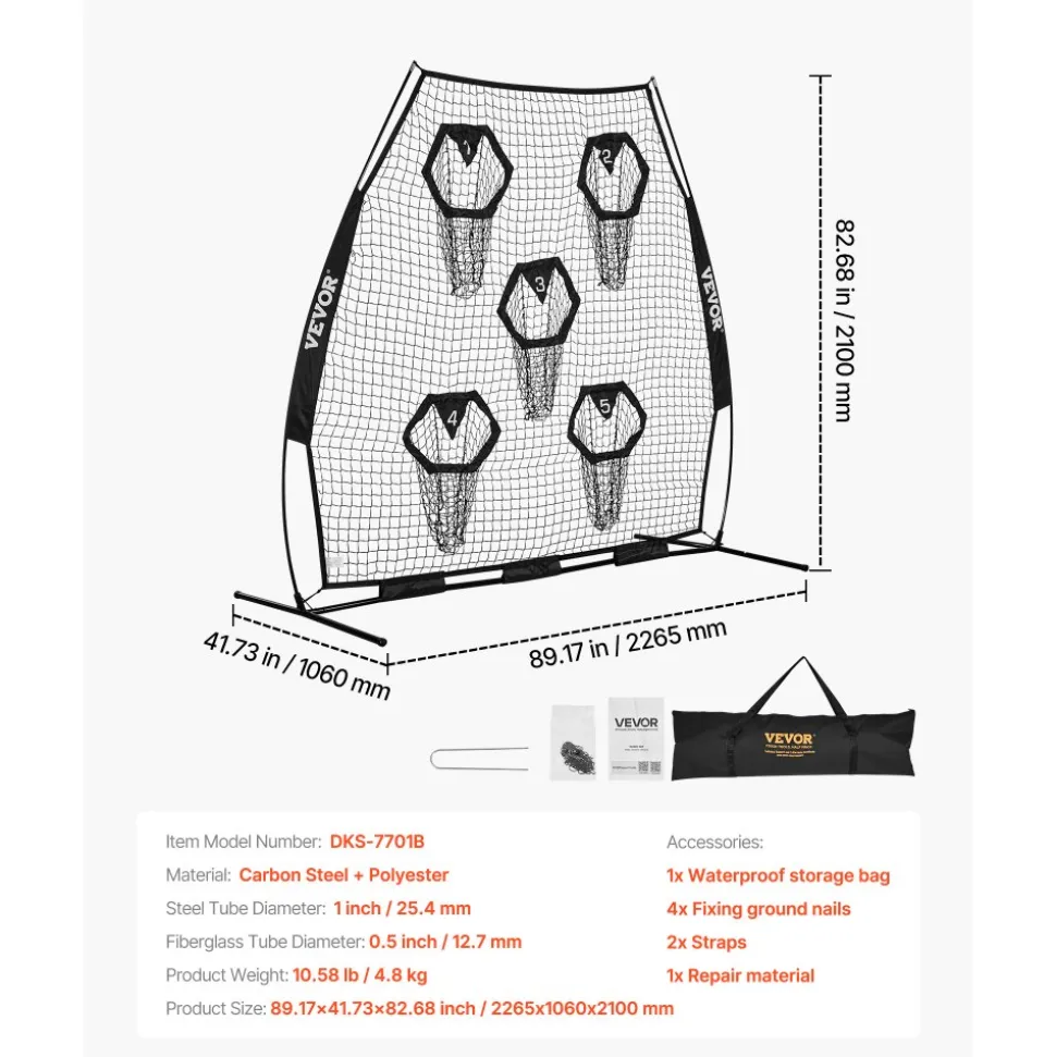 VEVOR 7 x 7 ft Football Trainer Throwing Net, Training Throwing Target Practice Net with 5 Target Pockets, Knotless Net Includes Straps and Portable Carry Case, Improve QB Throwing Accuracy, Black