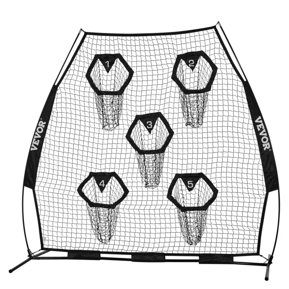 VEVOR 7 x 7 ft Football Trainer Throwing Net, Training Throwing Target Practice Net with 5 Target Pockets, Knotless Net Includes Straps and Portable Carry Case, Improve QB Throwing Accuracy, Black