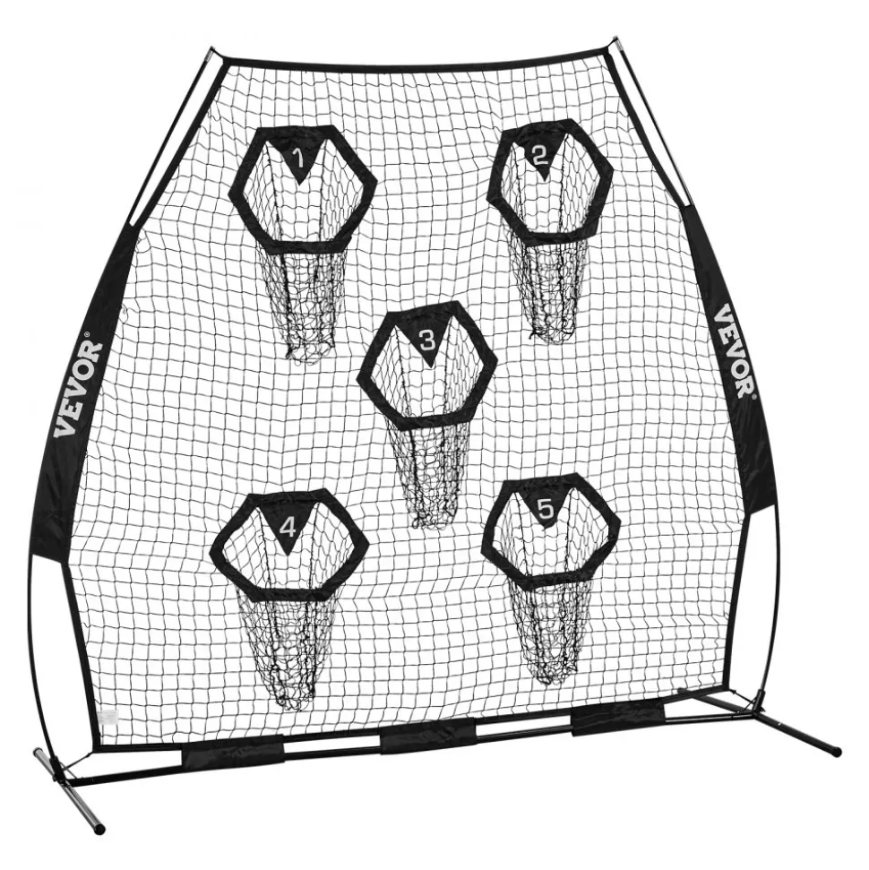 VEVOR 7 x 7 ft Football Trainer Throwing Net, Training Throwing Target Practice Net with 5 Target Pockets, Knotless Net Includes Straps and Portable Carry Case, Improve QB Throwing Accuracy, Black