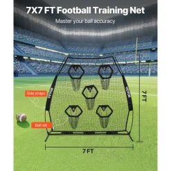 VEVOR 7 x 7 ft Football Trainer Throwing Net, Training Throwing Target Practice Net with 5 Target Pockets, Knotless Net Includes Straps and Portable Carry Case, Improve QB Throwing Accuracy, Black