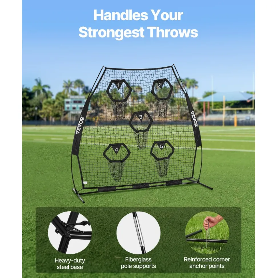VEVOR 7 x 7 ft Football Trainer Throwing Net, Training Throwing Target Practice Net with 5 Target Pockets, Knotless Net Includes Straps and Portable Carry Case, Improve QB Throwing Accuracy, Black