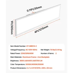 VEVOR 1x4 FT LED Flat Panel Light, 5700 LM, Flush Mount LED Drop Ceiling Lighting Fixture with 3 Color Selectable 3000K/4000K/5000K, 25W/30W/40W, 0-10V Dimmable, Ultra Slim for Home Kitchen, 2 Pack