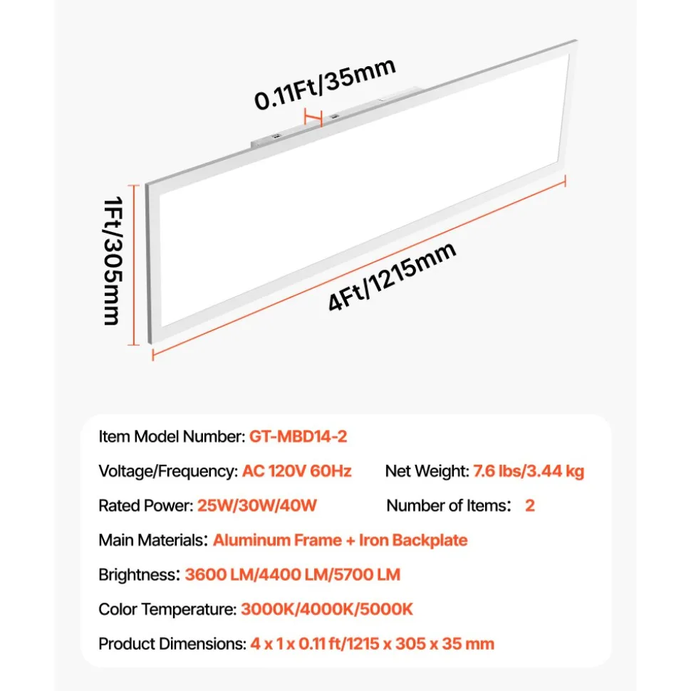 VEVOR 1x4 FT LED Flat Panel Light, 5700 LM, Flush Mount LED Drop Ceiling Lighting Fixture with 3 Color Selectable 3000K/4000K/5000K, 25W/30W/40W, 0-10V Dimmable, Ultra Slim for Home Kitchen, 2 Pack