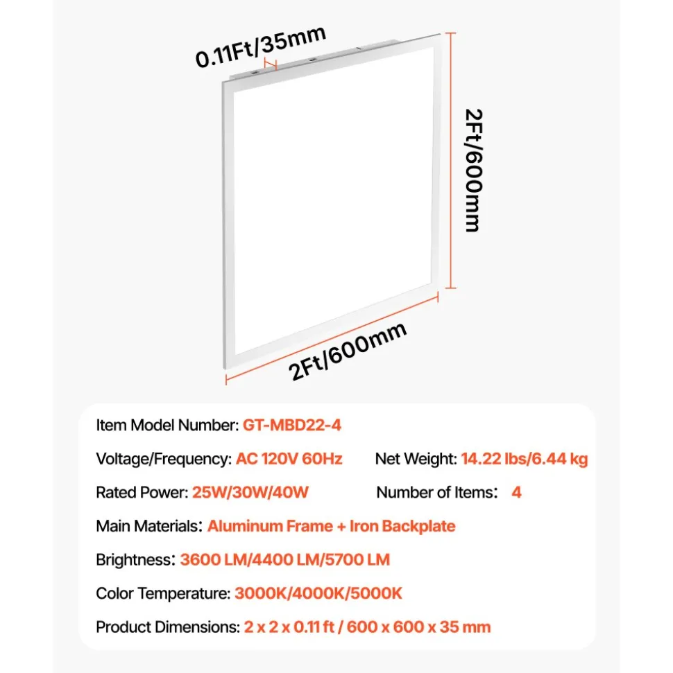 VEVOR 2x2 FT LED Flat Panel Light, 5700 LM, Flush Mount LED Drop Ceiling Lighting Fixture with 3 Color Selectable 3000K/4000K/5000K, 25W/30W/40W, 0-10V Dimmable, Ultra Slim for Home Kitchen, 4 Pack