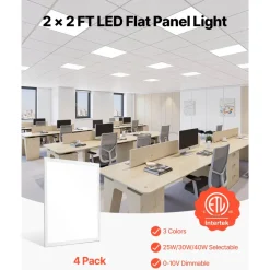 VEVOR 2x2 FT LED Flat Panel Light, 5700 LM, Flush Mount LED Drop Ceiling Lighting Fixture with 3 Color Selectable 3000K/4000K/5000K, 25W/30W/40W, 0-10V Dimmable, Ultra Slim for Home Kitchen, 4 Pack