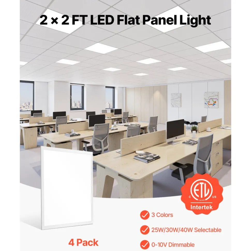 VEVOR 2x2 FT LED Flat Panel Light, 5700 LM, Flush Mount LED Drop Ceiling Lighting Fixture with 3 Color Selectable 3000K/4000K/5000K, 25W/30W/40W, 0-10V Dimmable, Ultra Slim for Home Kitchen, 4 Pack