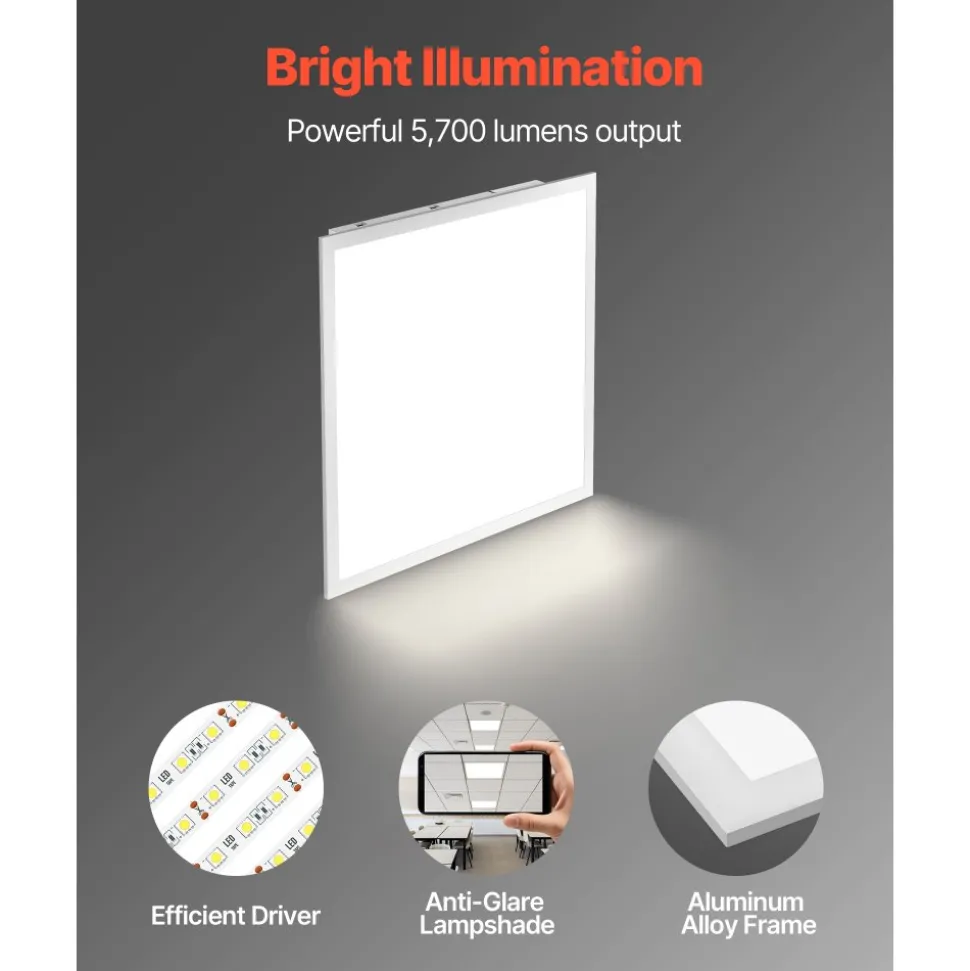 VEVOR 2x2 FT LED Flat Panel Light, 5700 LM, Flush Mount LED Drop Ceiling Lighting Fixture with 3 Color Selectable 3000K/4000K/5000K, 25W/30W/40W, 0-10V Dimmable, Ultra Slim for Home Kitchen, 4 Pack