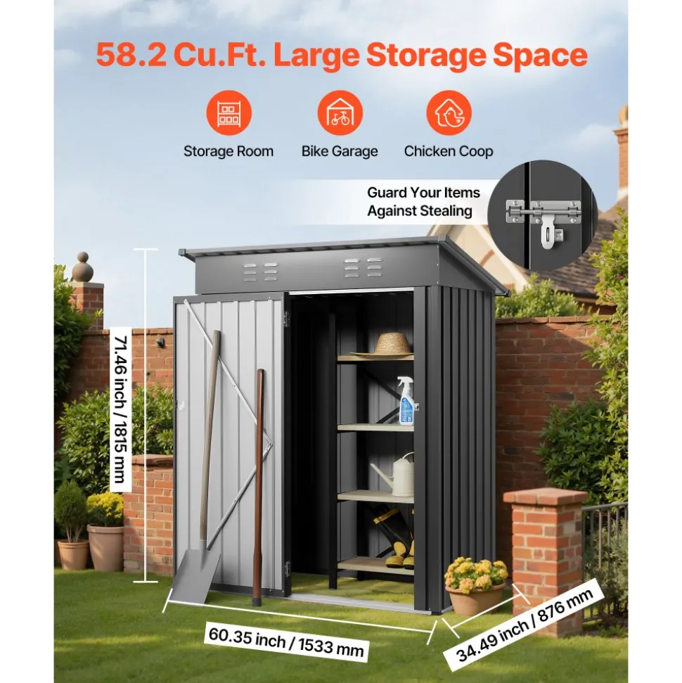 VEVOR 5 x 3 FT Metal Garden Shed, Storage Building with Lockable Door & 2 Louver Vents, Sloped Roof Metal Outdoor Storage Shed, Tool Sheds Outdoor Storage for Backyard, Garden, Patio, Bike, Gray
