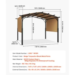 VEVOR 10 x 10 ft Outdoor Pergola, Arched Top Metal Pergola, Retractable Pergola with Sun Shade Canopy,  Large Patio Shelter Pavilion, Heavy Duty Garden Pergola for Deck Backyard Porch Poolside