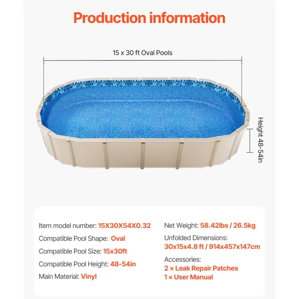 VEVOR 15 x 30 ft Oval Pool Liner, Overlap Style Above Ground Pool Liners, 48-to-54inch Wall Height, Durable Pool Liner, Standard Gauge Vinyl, for Steel Sided Above-Ground Swimming Pools