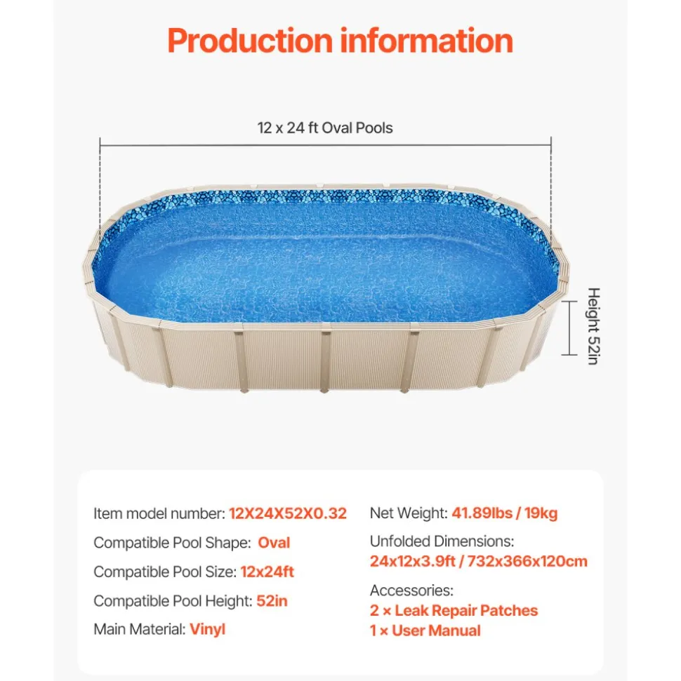 VEVOR 12 x 24 ft Oval Pool Liner, Unibead Above Ground Pool Liners, 52in Wall Height, Durable Standard Gauge Vinyl, Designed for Steel Sided Above-Ground Swimming Pools