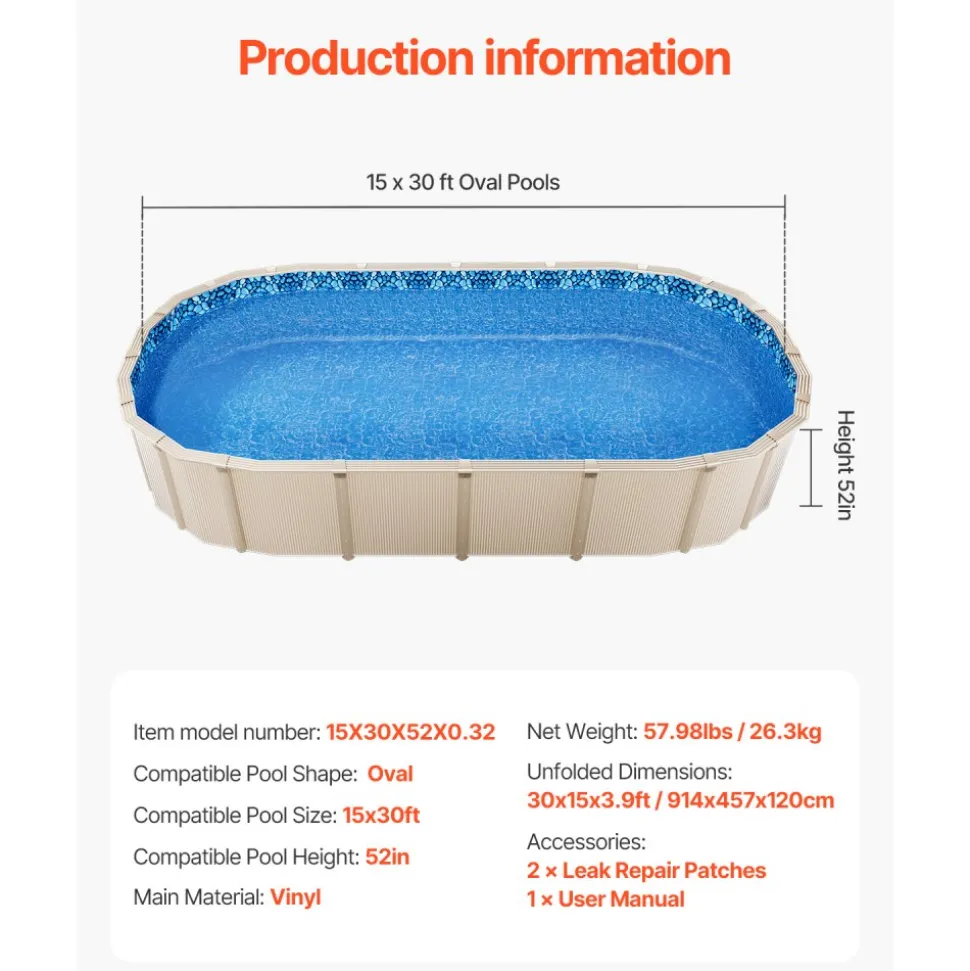 VEVOR 15 x 30 ft Oval Pool Liner, Unibead Above Ground Pool Liners, 52in Wall Height, Durable Standard Gauge Vinyl, Designed for Steel Sided Above-Ground Swimming Pools