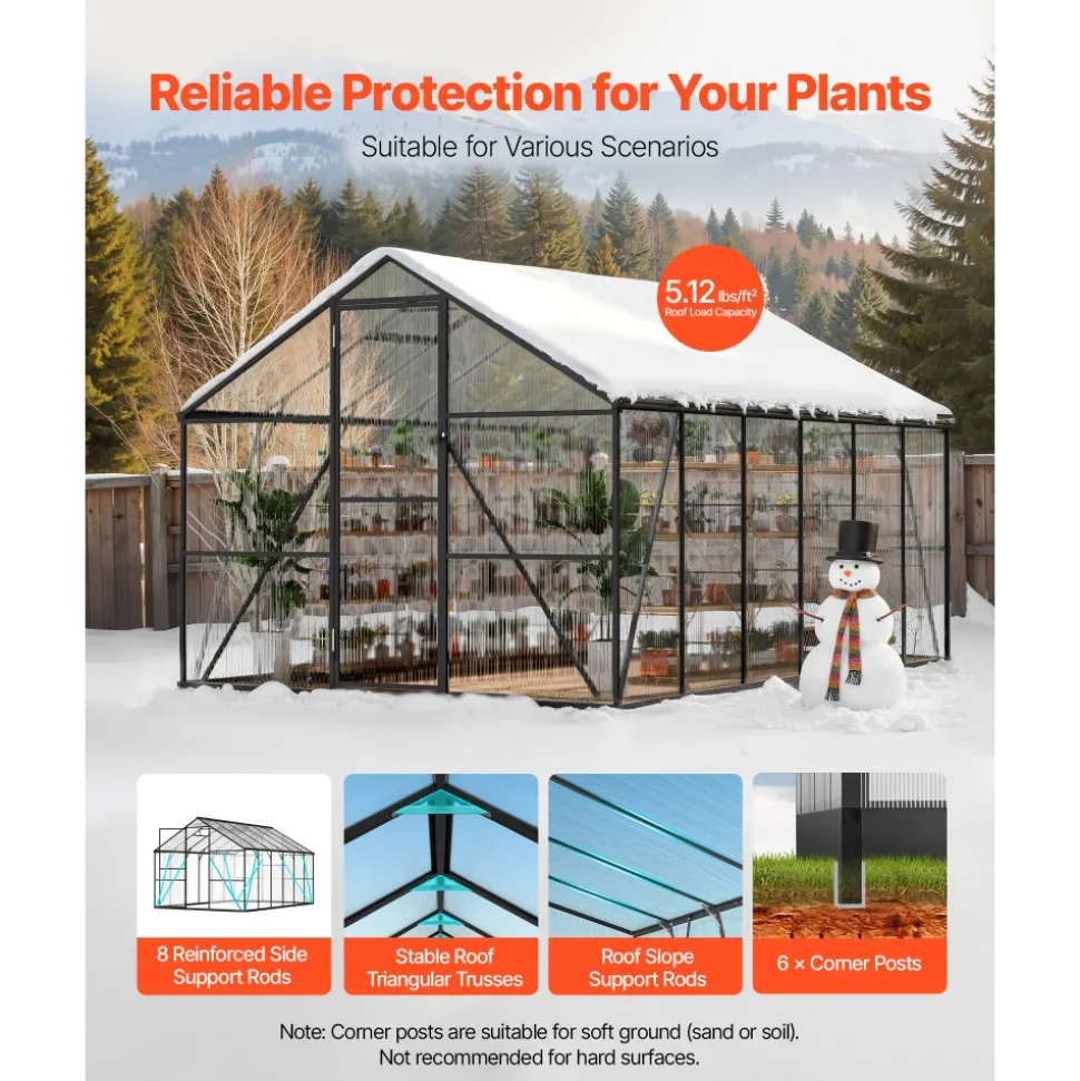 VEVOR 8 x 12 FT Polycarbonate Greenhouse, Heavy Duty Outdoor Green House with Adjustable Vent & Push-Pull Lockable Door, Quick Setup, Aluminum Frame Walk-in Greenhouse Sunroom for Outside Garden Lawn