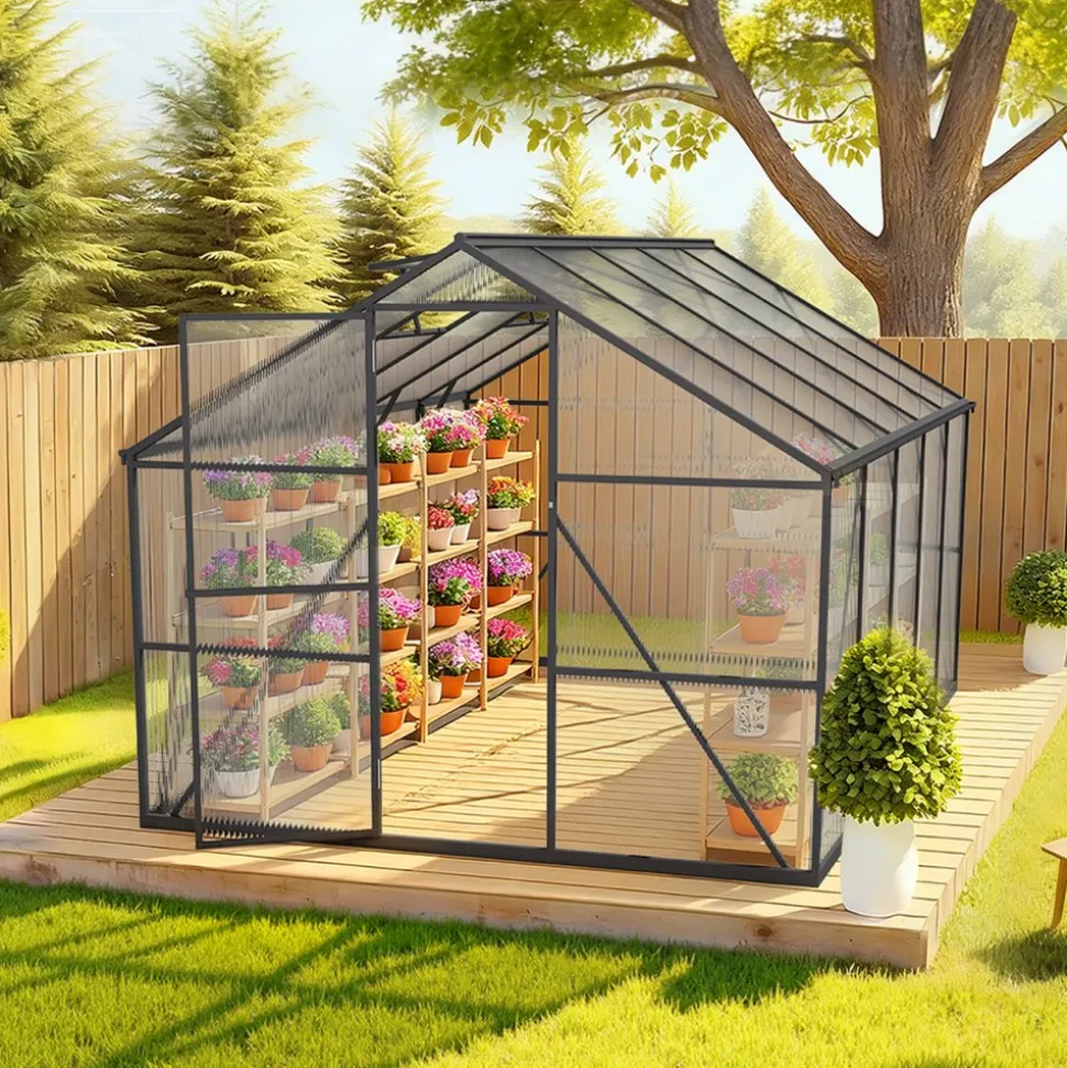 VEVOR 8 x 10 FT Polycarbonate Greenhouse, Heavy Duty Outdoor Green House with Adjustable Vents & Push-Pull Lockable Door, Quick Setup, Aluminum Frame Walk-in Greenhouse Sunroom for Outside Garden Lawn