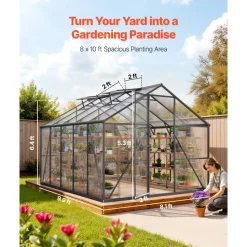 VEVOR 8 x 10 FT Polycarbonate Greenhouse, Heavy Duty Outdoor Green House with Adjustable Vents & Push-Pull Lockable Door, Quick Setup, Aluminum Frame Walk-in Greenhouse Sunroom for Outside Garden Lawn