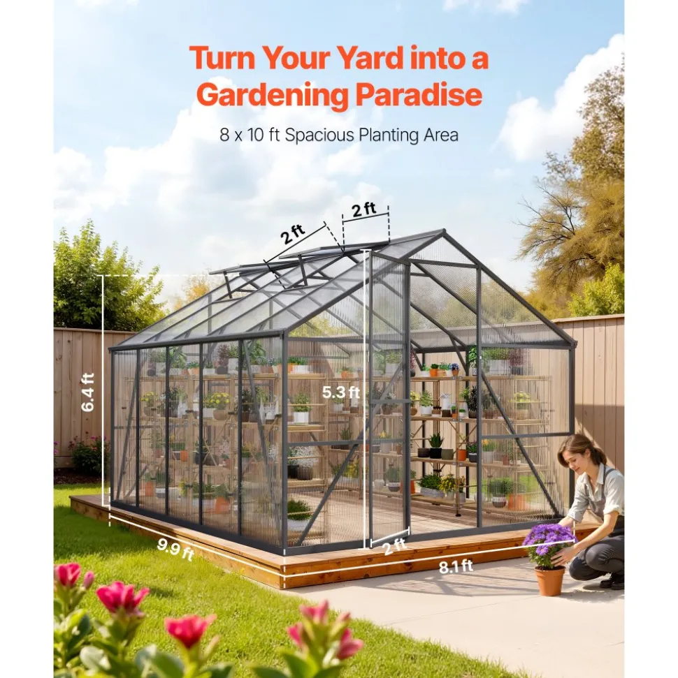 VEVOR 8 x 10 FT Polycarbonate Greenhouse, Heavy Duty Outdoor Green House with Adjustable Vents & Push-Pull Lockable Door, Quick Setup, Aluminum Frame Walk-in Greenhouse Sunroom for Outside Garden Lawn