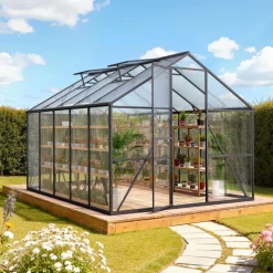 VEVOR 8 x 10 FT Polycarbonate Greenhouse, Heavy Duty Outdoor Green House with Adjustable Vents & Push-Pull Lockable Door, Quick Setup, Aluminum Frame Walk-in Greenhouse Sunroom for Outside Garden Lawn