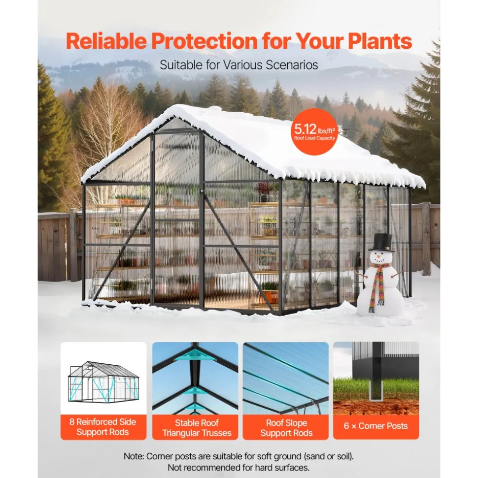 VEVOR 8 x 10 FT Polycarbonate Greenhouse, Heavy Duty Outdoor Green House with Adjustable Vents & Push-Pull Lockable Door, Quick Setup, Aluminum Frame Walk-in Greenhouse Sunroom for Outside Garden Lawn