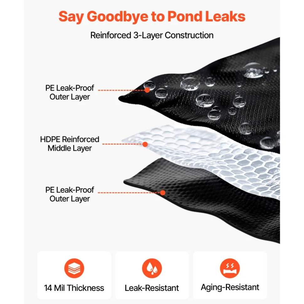 VEVOR 20 x 25 ft Pond Liner, 14 Mil Thickness, 3-Layer Reinforced PE Fish Koi Pond Liner for Outdoor Ponds, with Hemmed Edge and 4 Metal Buttonholes, for Water Garden, Waterfall, and Fountains, Black