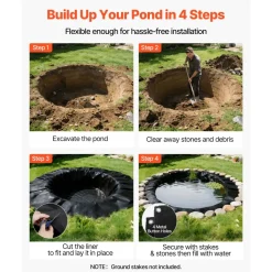 VEVOR 20 x 25 ft Pond Liner, 14 Mil Thickness, 3-Layer Reinforced PE Fish Koi Pond Liner for Outdoor Ponds, with Hemmed Edge and 4 Metal Buttonholes, for Water Garden, Waterfall, and Fountains, Black