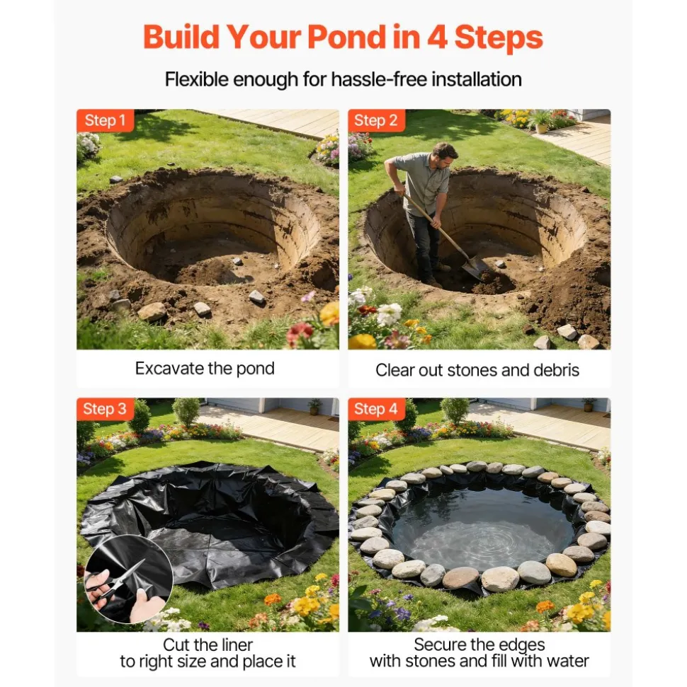 VEVOR 15 x 15 ft Pond Liner, 45 Mil Thickness, EPDM Rubber Material Fish Pond Liner for Outdoor Ponds, Easy to Cut, Durable & Leakproof, for Water Garden, Waterfall, Fishpond, Koi, Fountains, Black