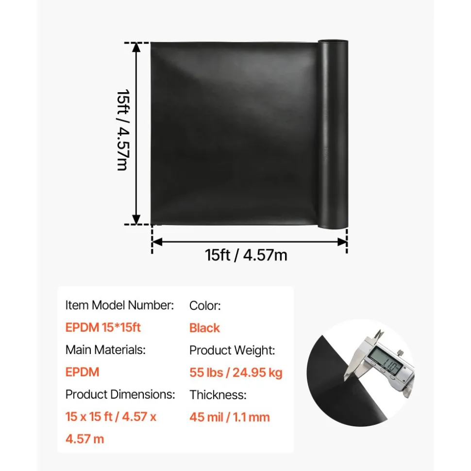 VEVOR 15 x 15 ft Pond Liner, 45 Mil Thickness, EPDM Rubber Material Fish Pond Liner for Outdoor Ponds, Easy to Cut, Durable & Leakproof, for Water Garden, Waterfall, Fishpond, Koi, Fountains, Black