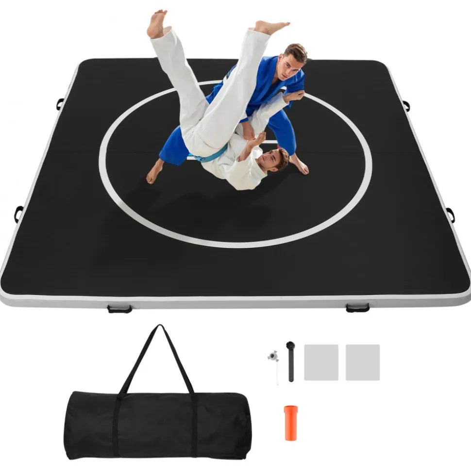 VEVOR 10x10 ft Wrestling Mat Inflatable, Martial Arts Thick Mat for Home Gym Exercise, PVC Foldable Training Mats with Circles and 600W Air Pump, for Gymnastics, Tatami, Jiu Jitsu BJJ MMA Judo, Black