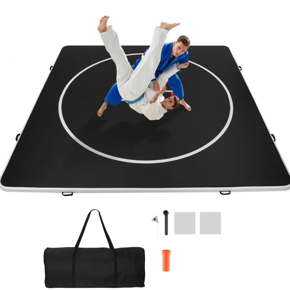 VEVOR 13x13 ft Wrestling Mat Inflatable, Martial Arts Thick Mat for Home Gym Exercise, PVC Foldable Training Mats with Circles and 600W Air Pump, for Gymnastics, Tatami, Jiu Jitsu BJJ MMA Judo, Black