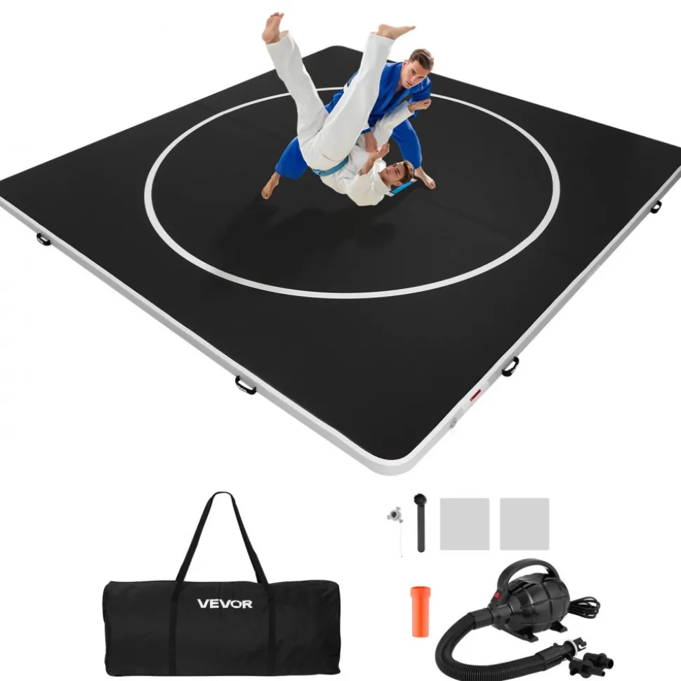 VEVOR 13x13 ft Wrestling Mat Inflatable, Martial Arts Thick Mat for Home Gym Exercise, PVC Foldable Training Mats with Circles and 600W Air Pump, for Gymnastics, Tatami, Jiu Jitsu BJJ MMA Judo, Black