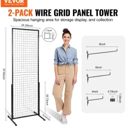 VEVOR 2' x 5.6' Grid Wall Panels Tower, 2 Packs Wire Gridwall Display Racks with T-Base Floorstanding, Double Side Gridwall Panels for Art Craft Shows, Retail Display with Extra Clips and Hooks