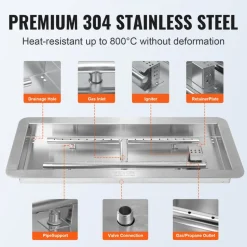 VEVOR 24 x 8 inch Drop-in Fire Pit Pan, Rectangular Stainless Steel Fire Pit Burner Kit, Propane Gas Fire Pan 120,000 BTU with H-Burner for Indoor or Outdoor Use