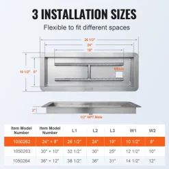 VEVOR 24 x 8 inch Drop-in Fire Pit Pan, Rectangular Stainless Steel Fire Pit Burner Kit, Propane Gas Fire Pan 120,000 BTU with H-Burner for Indoor or Outdoor Use