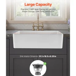 VEVOR 32.5x20 inch Farmhouse Sink, White Sink Workstation, Fireclay Undermount Basins, Apron Front Single Bowl Basin with Multiple Accessories, Large Capacity Household Dishwasher Sinks for Kitchen
