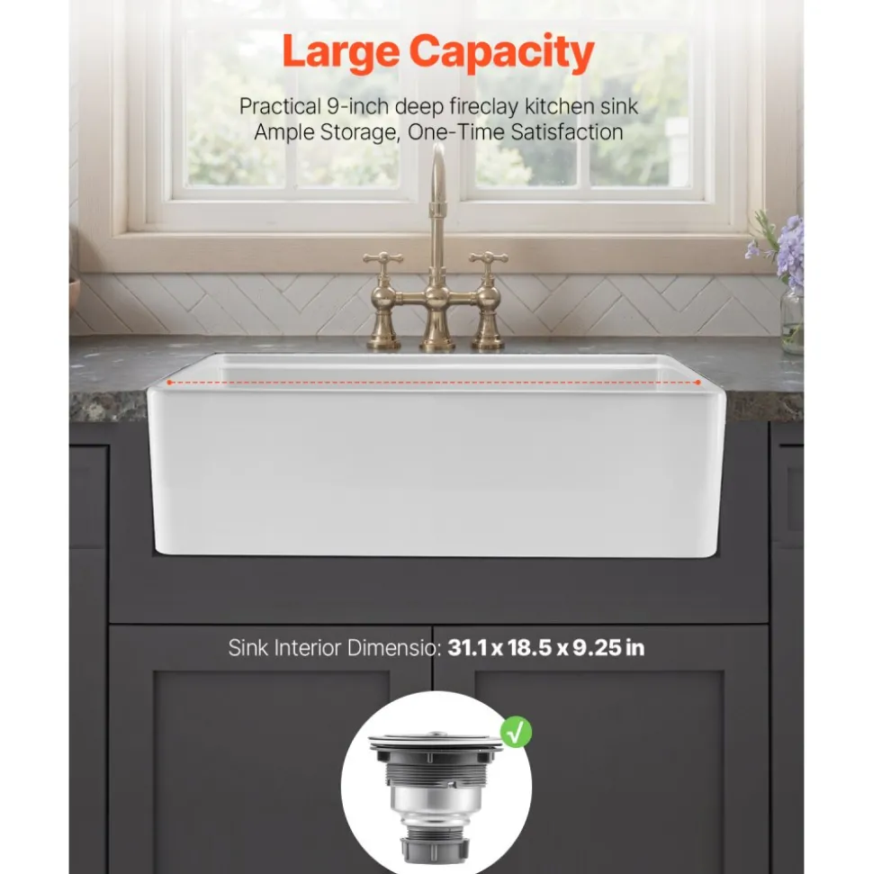 VEVOR 32.5x20 inch Farmhouse Sink, White Sink Workstation, Fireclay Undermount Basins, Apron Front Single Bowl Basin with Multiple Accessories, Large Capacity Household Dishwasher Sinks for Kitchen