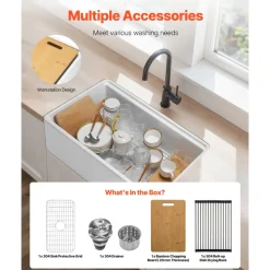 VEVOR 32.5x20 inch Farmhouse Sink, White Sink Workstation, Fireclay Undermount Basins, Apron Front Single Bowl Basin with Multiple Accessories, Large Capacity Household Dishwasher Sinks for Kitchen